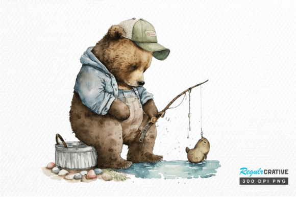 Download Watercolor Daddy Bear Fishing Clipart - Daddy bear Collection