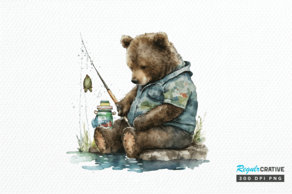 Download Watercolor Daddy Bear Fishing Clipart - Daddy bear Collection